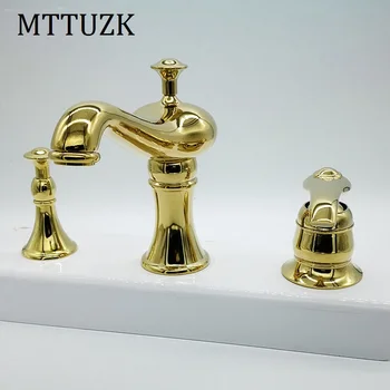 

Free Shipping Bathrooms Gold Ceramics Brass Faucet Double Knobs 3 Hole Deck Mounted Sink Faucet Hot Cold Mixer Tap 3PCS/set