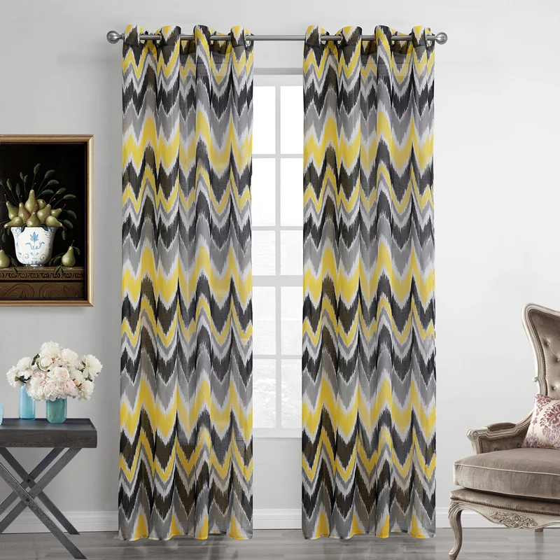 Polyester Curtaind for Living Room Printed Yellow Striped Voile