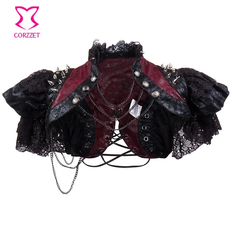 

Vintage Steampunk Bolero Women Jacket Black/Red Rivet Faux Leather and Sequin Lace Punk Button Chian Short Sleeve Gothic Jackets