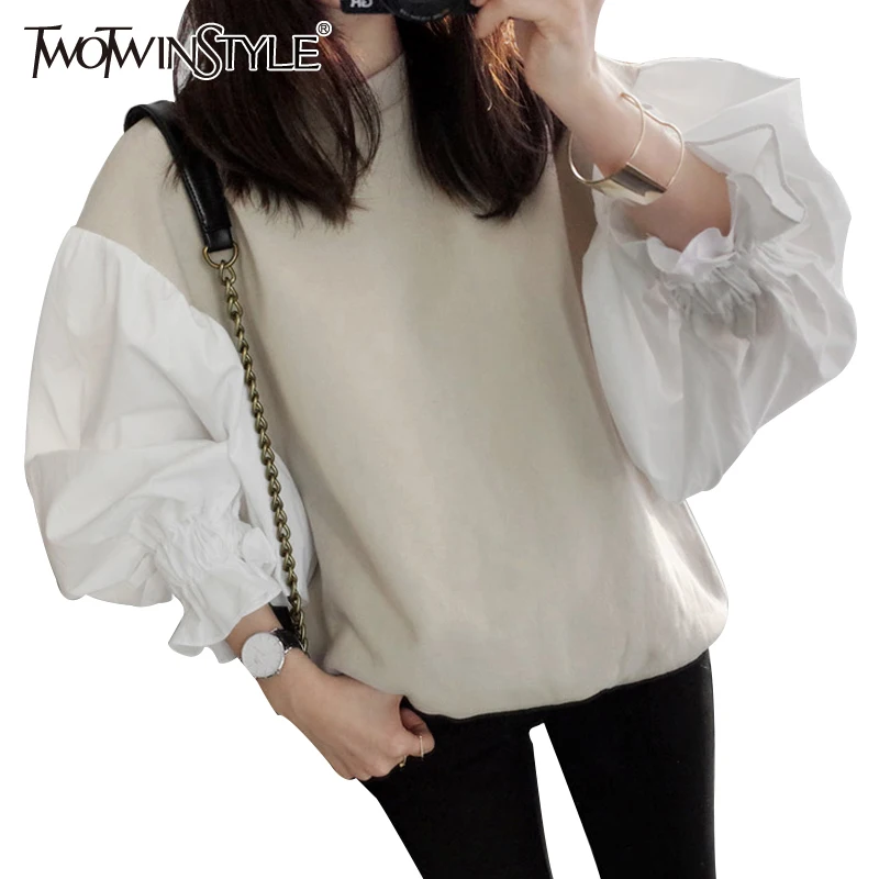 

TWOTWINSTYLE Oversized Sweatshirt for Women Pullover Hooded Loose Tops Hoodies Shirt Lantern Long Sleeve Korean Clothes Big Size