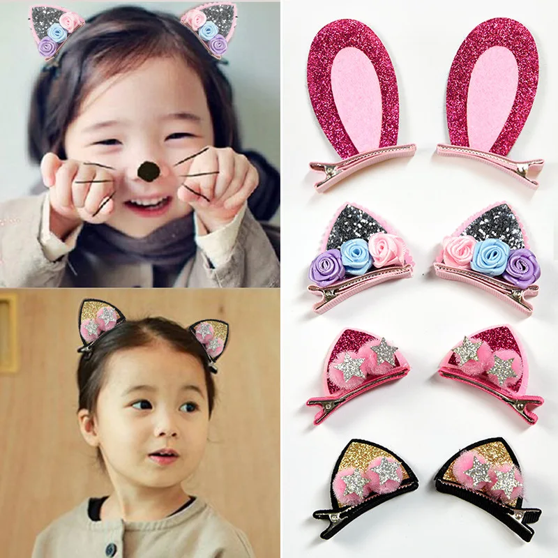 

2pcs/Set Cute Hair Clips for Girls Glitter Rainbow Felt Fabric Flowers Hairpins Cat Ears Bunny Barrettes Kids Hair Accessories