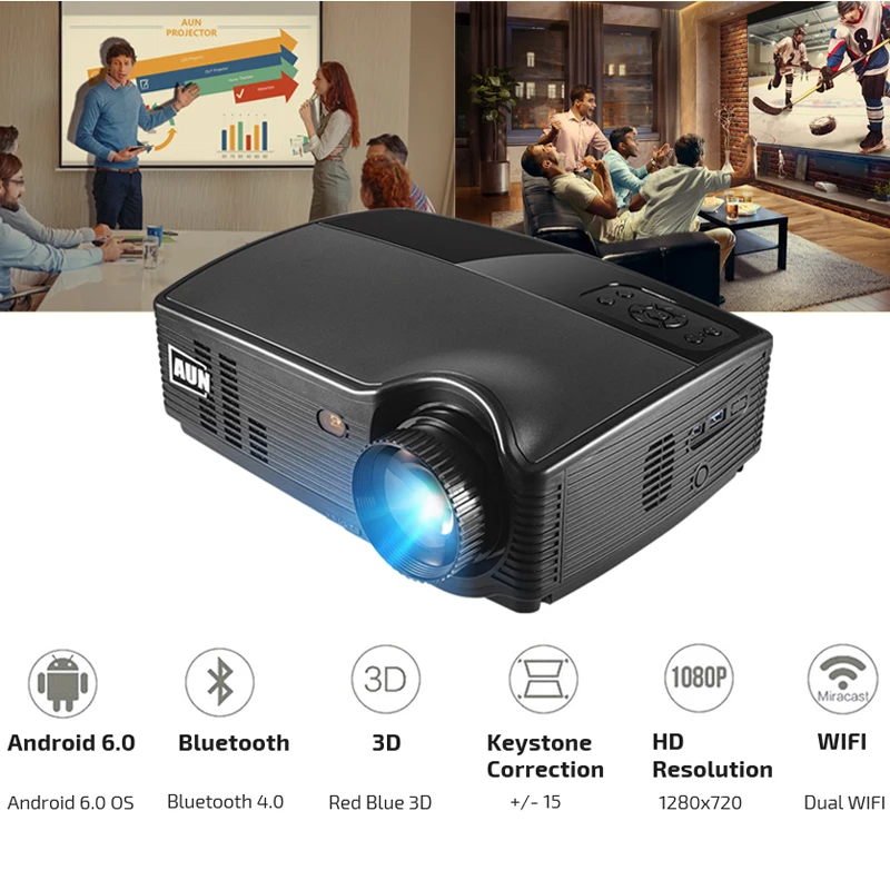 AUN HD Projector PH10, 3500 Lumen LED Beamer, (Optional Android 6.0 Projector, Bluetooth WIFI) Full HD Video Multimedia LCD TV