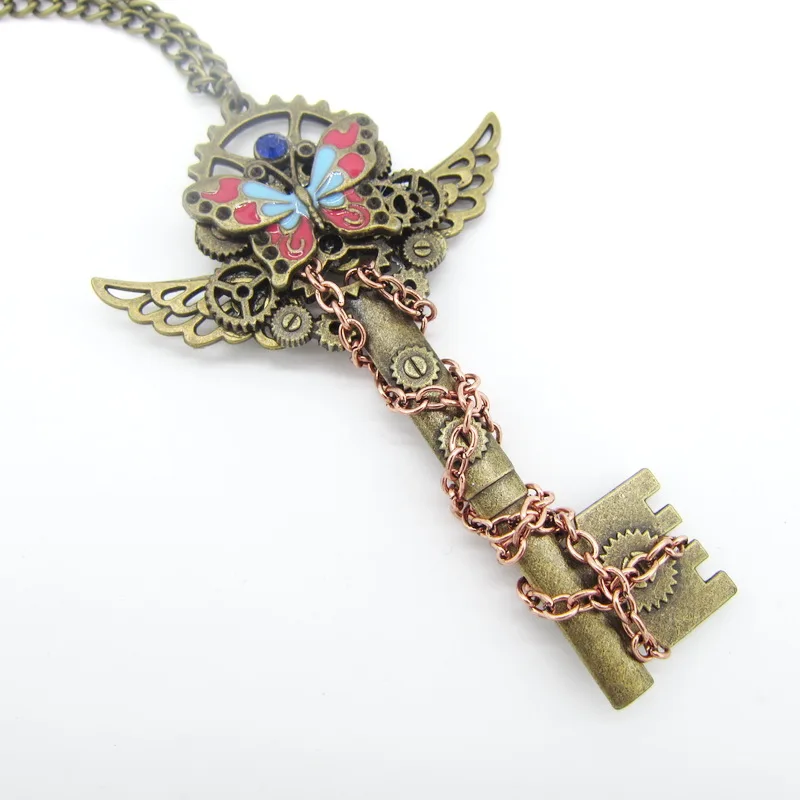 

The New Unique Design Bass OX Key with Wings and Coloful Butterfly DIY Gears Steampunk Pendant Necklace Women Jewelry