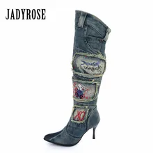 Jady/джинсовые сапоги с розой и камнями; женские сапоги до колена с острым носком на высоком каблуке; зимние Утепленные джинсы; Botas Mujer; женские резиновые сапоги