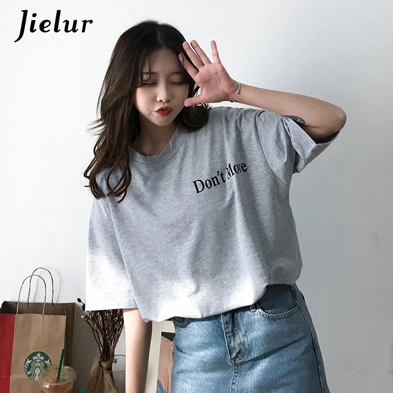 

Jielur Loose T-shirt Femme Simple Boyfriend Style Letter Short Sleeve T Shirt Women All-match Harajuku Gray M-XXL New Summer Top