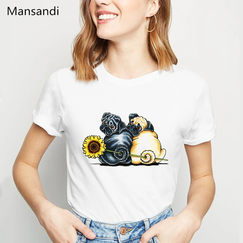 

Sunny pugs animal printed t shirt women clothes 2019 funny vogue white tshirt femme harajuku shirt women t-shirt streetwear