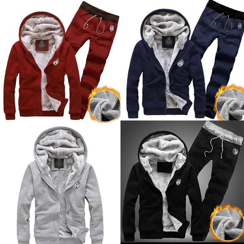 Adisputent Autumn Winter Thick Men Suits Men's Sportswear Tracksuit with Zipper Hoodie Two Pieces Set Drawstring chandal hombre