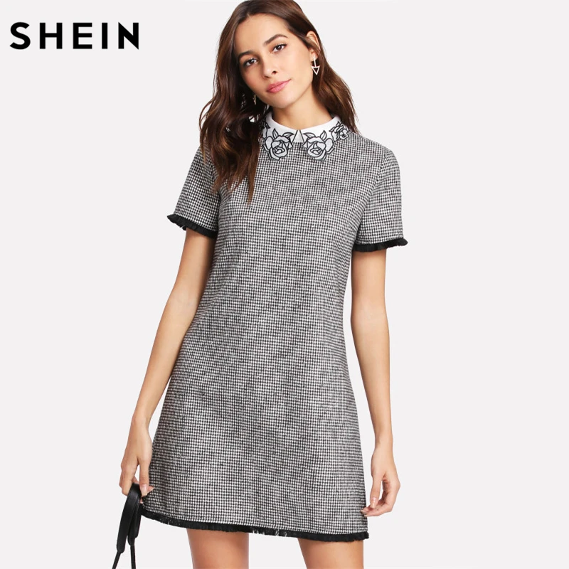 SHEIN Модное Платье С Кружевной Вставкой Офисное В Клетку Коротким Рукавом|work dresses
