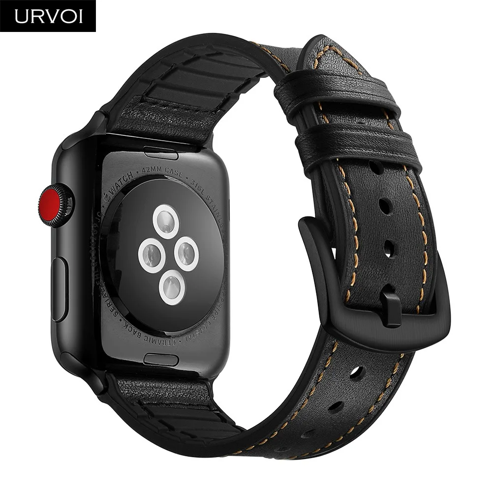 URVOI ремешок для apple watch серии 4, версия 1, 2, 3, ремешок кожаный ремешок Силиконовая задняя крышка для наручных часов iwatch, пояс из дышащего материала 38/40 42/44 мм, черные, с ремешками на пряжках