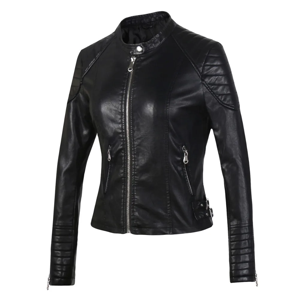 Billige 2019 mode Frauen Elegante Zipper Faux Leder Biker Jacke In Braun Schwarz Dünne Damen Mantel Casual Marke Motorrad Leder Mantel