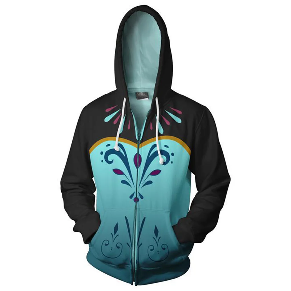 2019 Autumn 3D Print Hoodies Anna Princess Dress Pattern Hooded Zipper Sweatshirt For Adults Unisex Novelty Streetwear Jacket