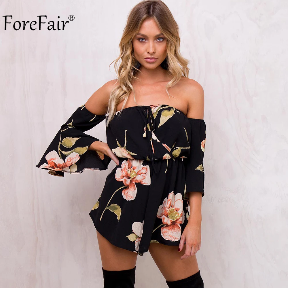 ForeFair Summer Floral Print Elastic Waist Short Chiffon Jumpsuit Women Flare Sleeve Boot Cut Sexy Strapless Romper : image ForeFair Summer Floral Print Elastic Waist Short Chiffon Jumpsuit Women Flare Sleeve Boot Cut Sexy Strapless Romper