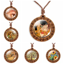 Gustav Klimt Kunst Foto Der Kuss Glas Cabochon Holz Halskette Vintage Seil Halsketten für Frauen Mode Schmuck Geschenk