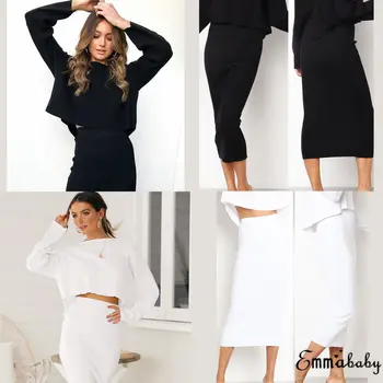 

OL 2 Piece Set For Women 2018 High Waist Two Piece Set Top And Skirt Outfits Pure Color Loose Skirt Set
