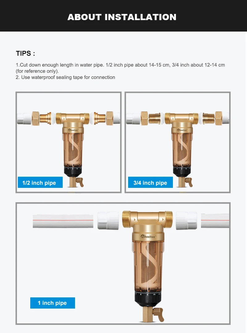 Фильтр предварительной очистки воды Wheelton(WWP-02S), два стеклоочистителя, евро-стандарт, латунь, 30 лет lifitime очиститель, весь дом, 1/"& 3/4"& 1"