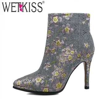 

Sexy Pointed Toe Ankle Boots 2018 New Arrival Charming Embroider Winter Boots Natural Leather Women Shoes Female High Heel Zip