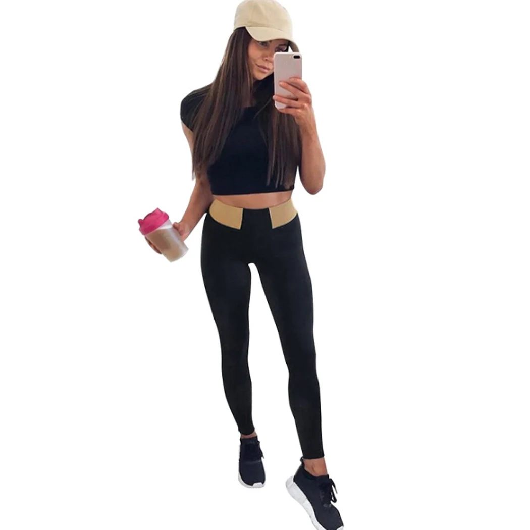 2018 Fashion Women High Waist Fitness Pants Color Patchwork Elastic