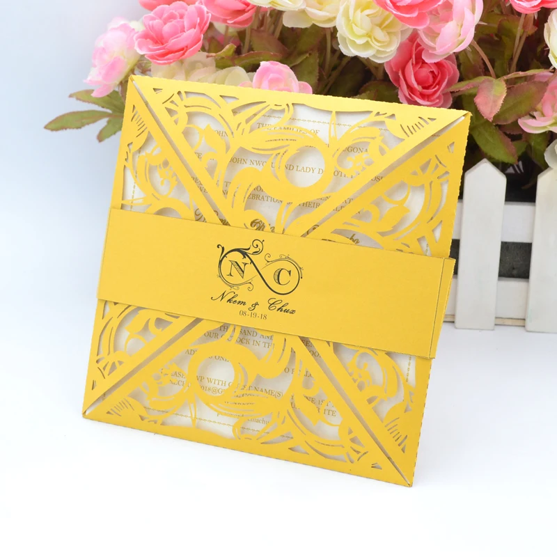 

Gold hot sale laser cut wedding invitations card envelopes with the belly band