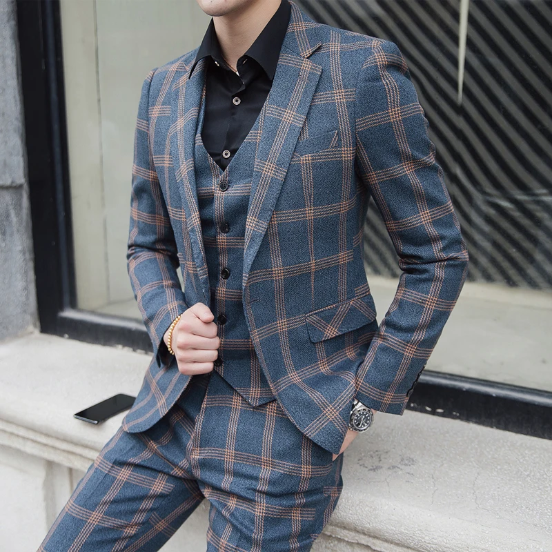 

( Jacket + Vest + Pants )2019 New Men's Fashion Boutique Plaid Formal Business Suit / Mens Casual Plaid Groom Wedding Dress Suit