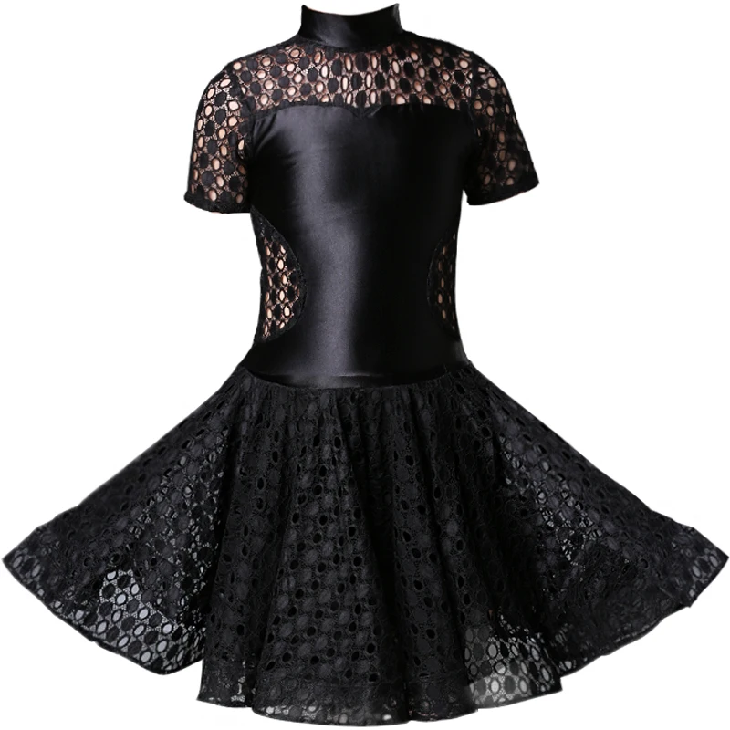 Латинское танцевальное платье для девочек, черно-белое кружевное платье с коротким рукавом, Детская Одежда для танцев Румба, танцевальная одежда для соревнований DN2701