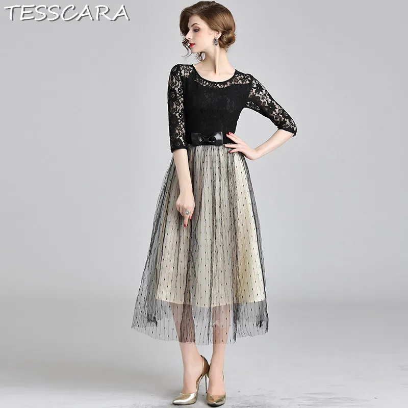 

TESSCARA Women Summer Style Sweet Elegant Lace Dress Festa Female Fashion Designer Long Party Vestidos Vintage Mesh Robe Femme