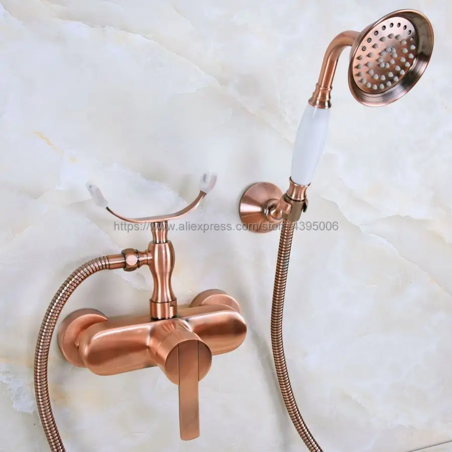 

Free Shipping Red Copper Bathroom Shower Faucet Bath Faucet Mixer Tap With Hand Shower Head Set Wall Mounted Bna348