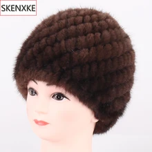 Новинка, вязанные шапки в полоску из натурального меха норки, женские зимние шапки из хорошего эластичного натурального меха, шапки из натурального меха для русской леди