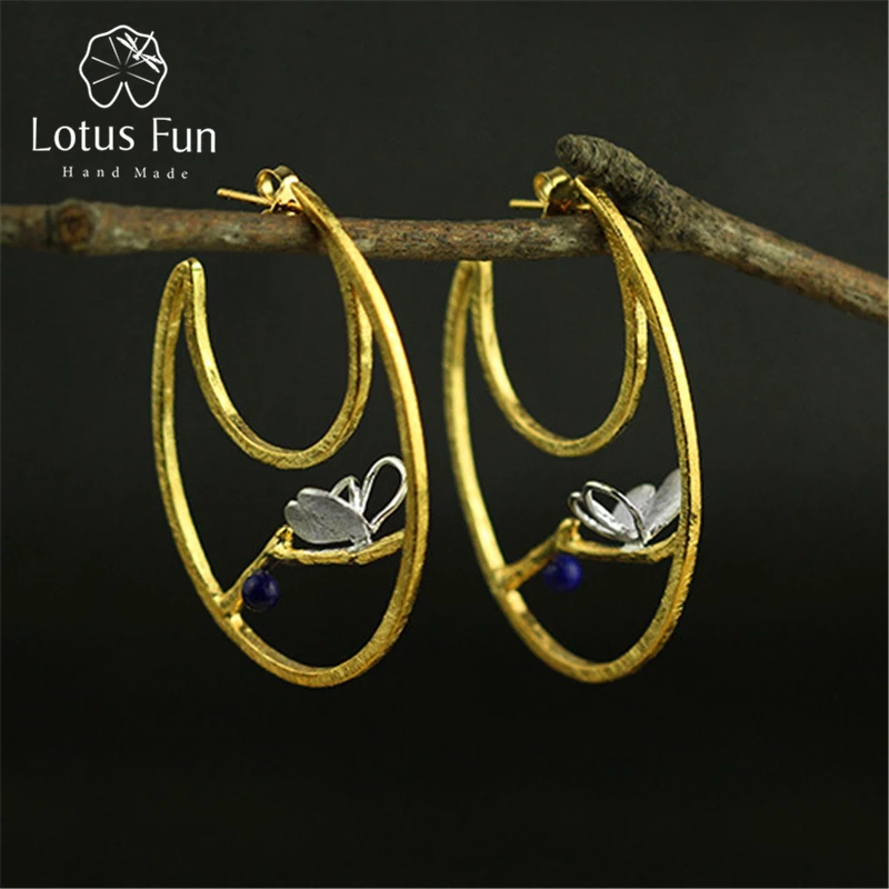 Lotus Fun Real 925 Sterling Silver Natural Original Handmade Fine Jewelry Vintage Butterfly Hoop Earrings for Women Brincos