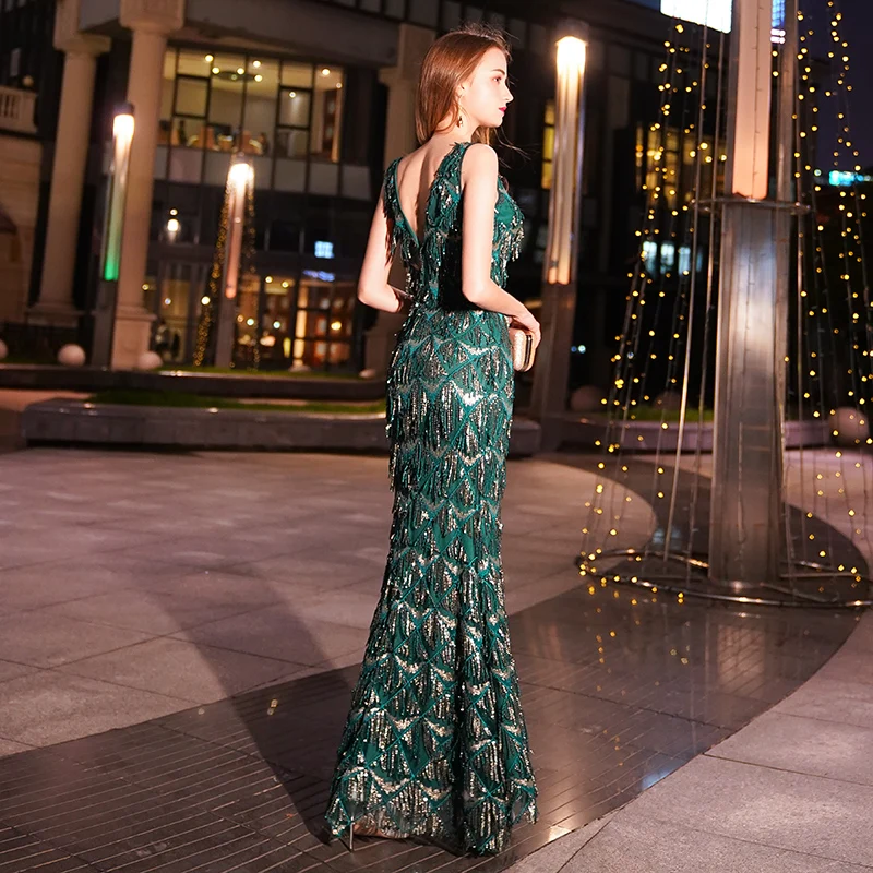 Weiyin, зеленые вечерние платья с кисточками, длинное вечернее платье с v-образным вырезом, расшитое блестками, Abendkleider, женское платье, длинное платье wy1194