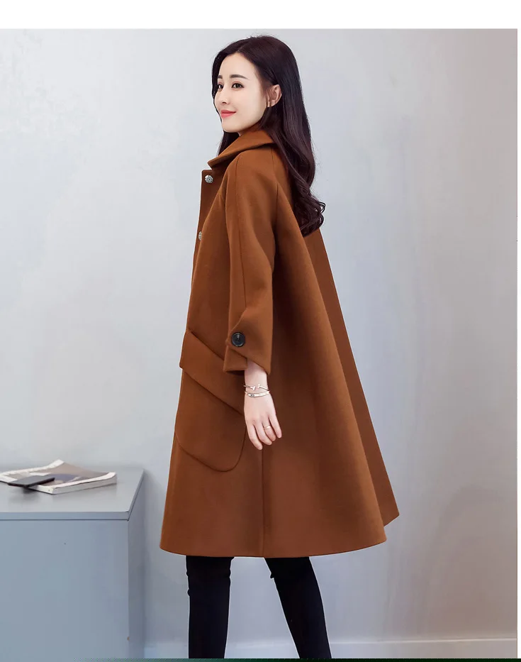 Дизайн лацкан большой карман большой подол характер шерстяное пальто для женщин есть размера плюс