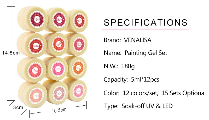 12 шт. Venalisa Набор для нейл-арта 5 мл Светодиодный УФ-гель-краска для ногтей УФ Гель-лак для ногтей