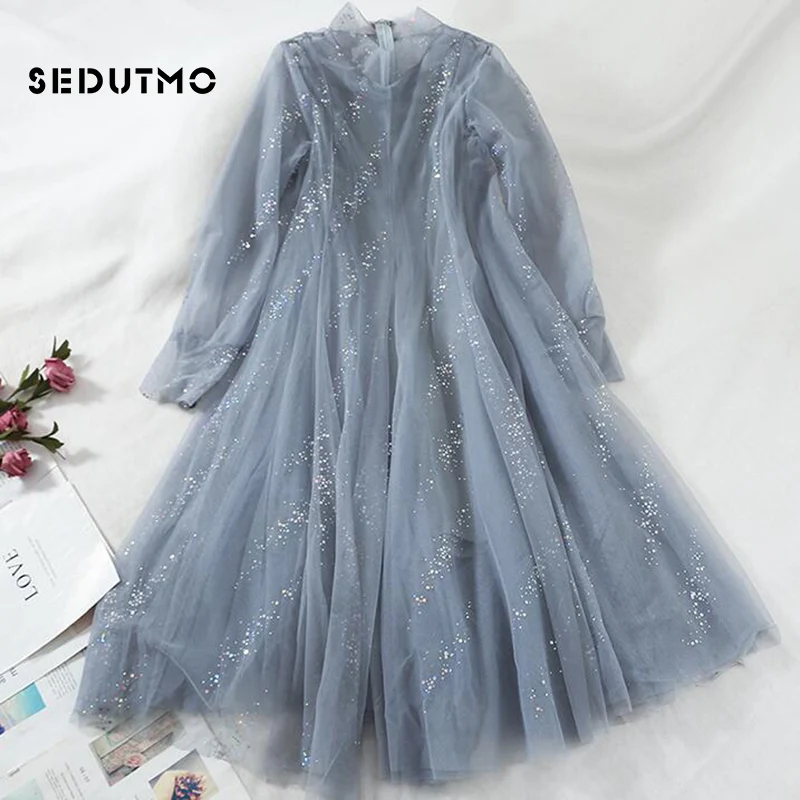 

SEDUTMO Summer Sequins Dress Women Lace Mesh Beach Sexy Dresses Long Sleeve Basic Vintage Slim Party Dress ED647