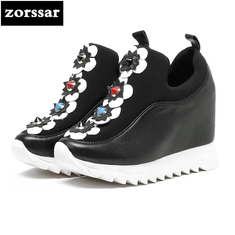 

{Zorssar} 2018 New Genuine Leather casual womens shoes pumps Slip-on increased internal High heels shoes women platform shoes