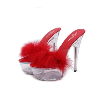 

Transparent female slippers 15C high heel waterproof table fluffy hair decorative open toe sexy sandals fashion shoes women