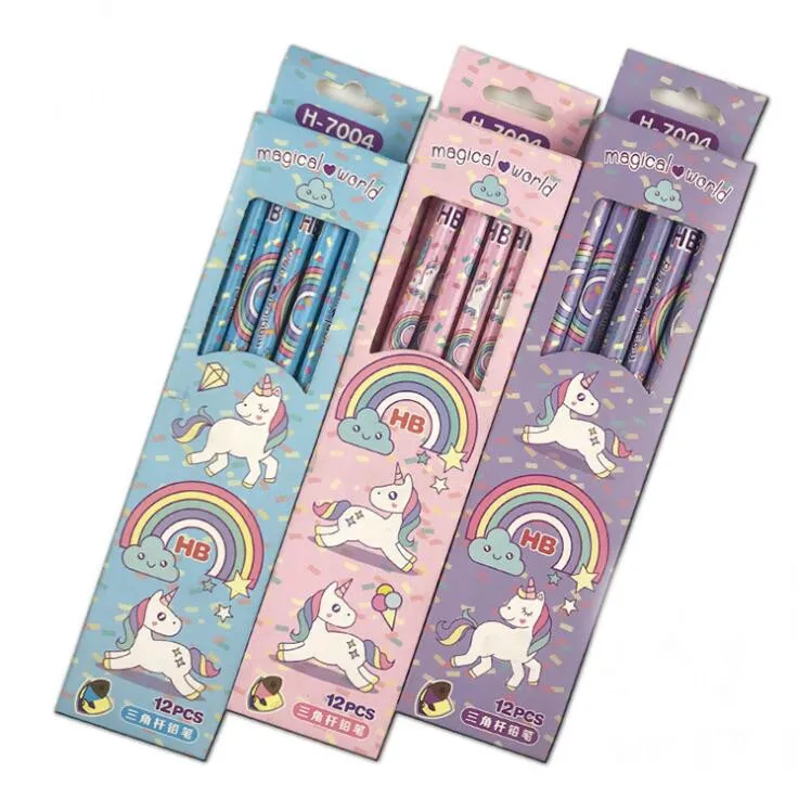 

12pcs/lot Kawaii Cartoon Rainbow Unicorn Wood HB Pencil With Eraser Children Study Drawing Pencils Kids School Stationery