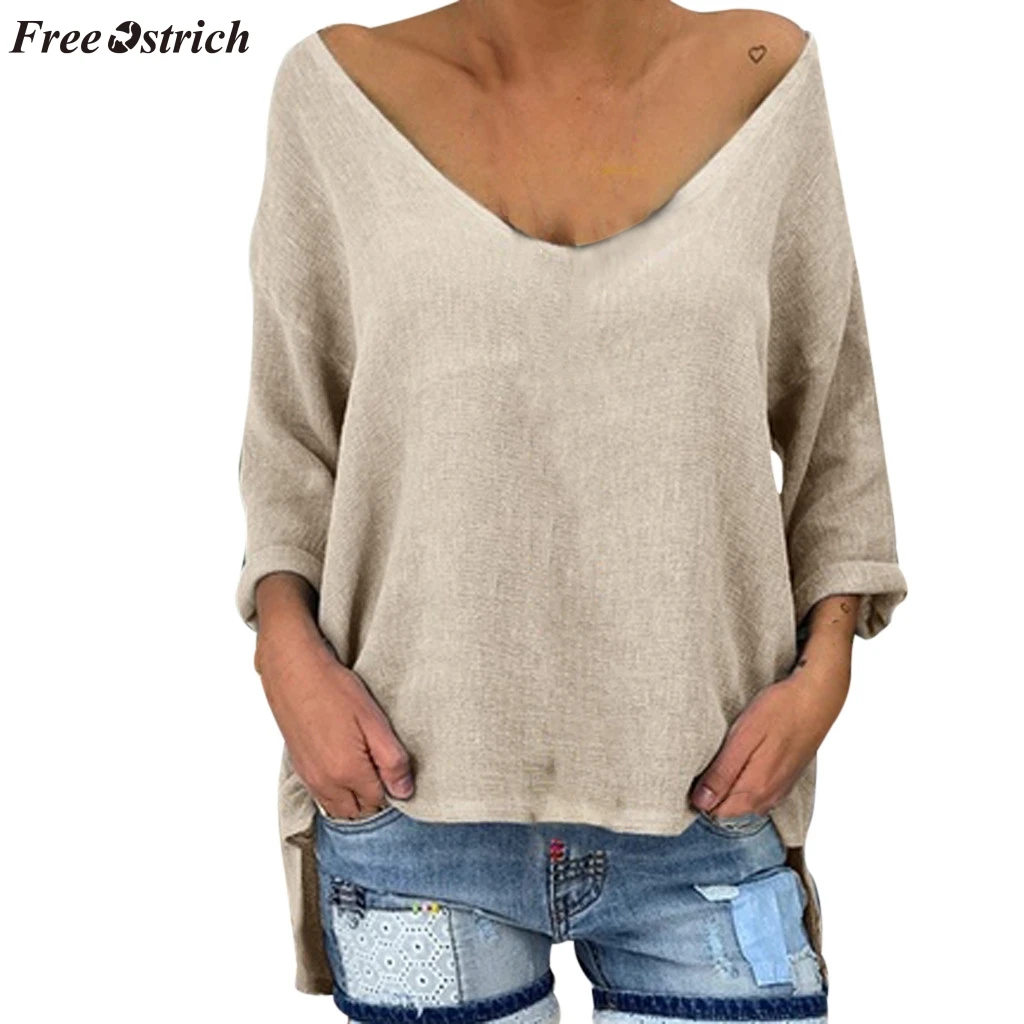 

FREE OSTRICH Autumn women personality fashion long-sleeved Vneck solid color loose T-shirt casual comfortable daily wild T-shirt