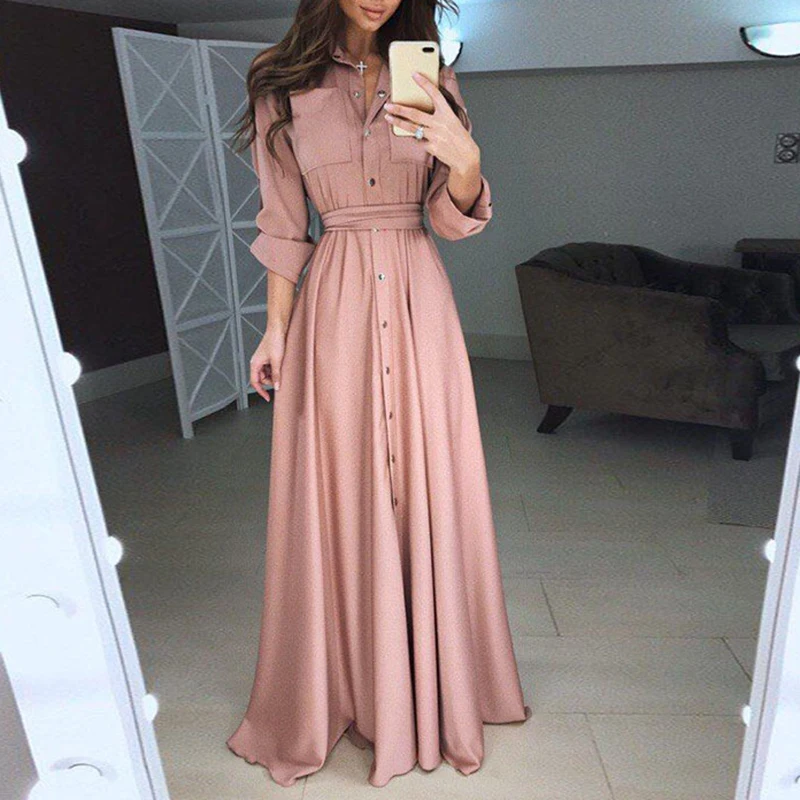 Elegant Women Fashion Long Sleeve Bandage Maxi Shirt Party Dress Ladies Single Breasted Buttons Floor Length Vestidos WS9871E Elegant Women Fashion Long Sleeve Bandage Maxi Shirt Party Dress Ladies Single Breasted Buttons Floor Length Vestidos WS9871E