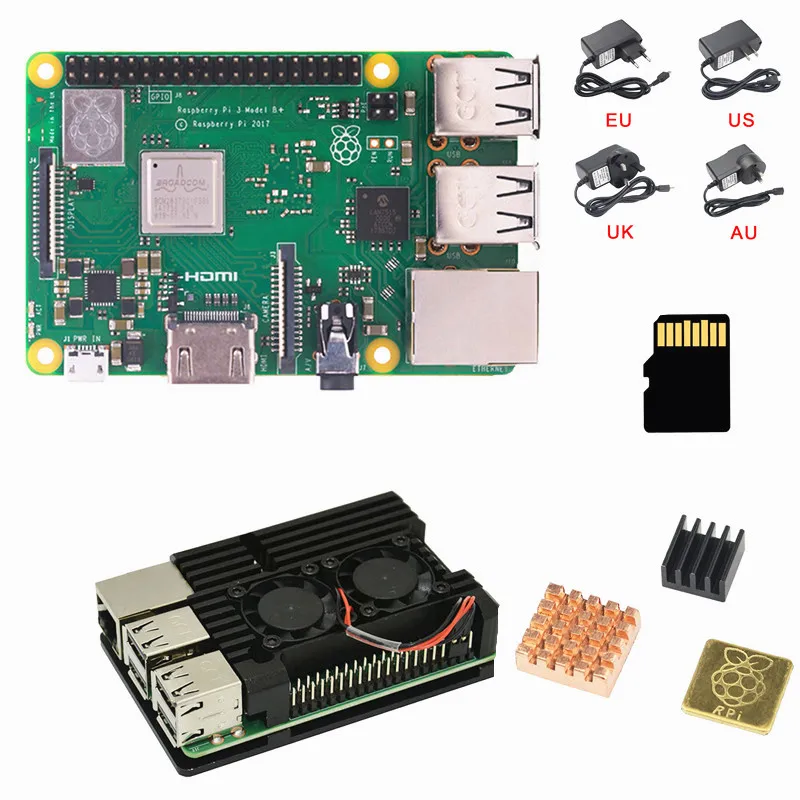 

New Raspberry Pi 3 B+ (B Plus) Kit Quad Core 1.4GHz 64 bit CPU With Aluminum Case Power Adapter 16G Memory Card Heat sink