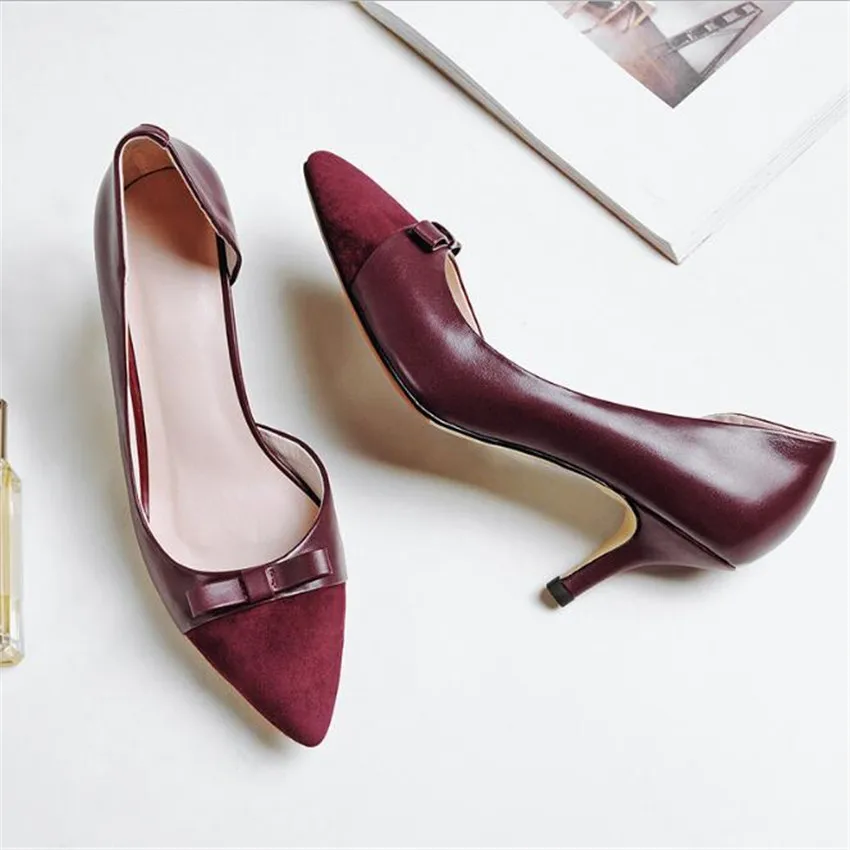 

ZOUDKY 2018 Autumn dermis Sharp head Splice color Stiletto heels Bow Single shoes