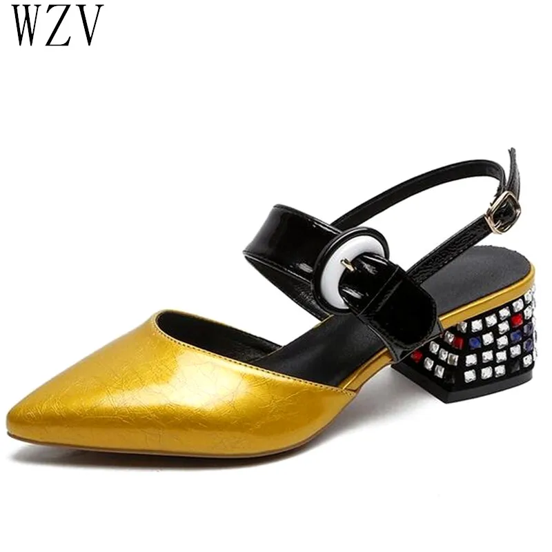 

2019 Women's Fashion Point Toe Women Sandals Buckle Strap Square Heel Sandals Crystal Med Heel Shoes Woman E939