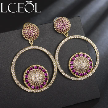 

LCEOL Luxury Costume Jewelry Big Round Red Crystal Drop Earrings for Women Bijoux Femme Black Gold Gun Color Brincos