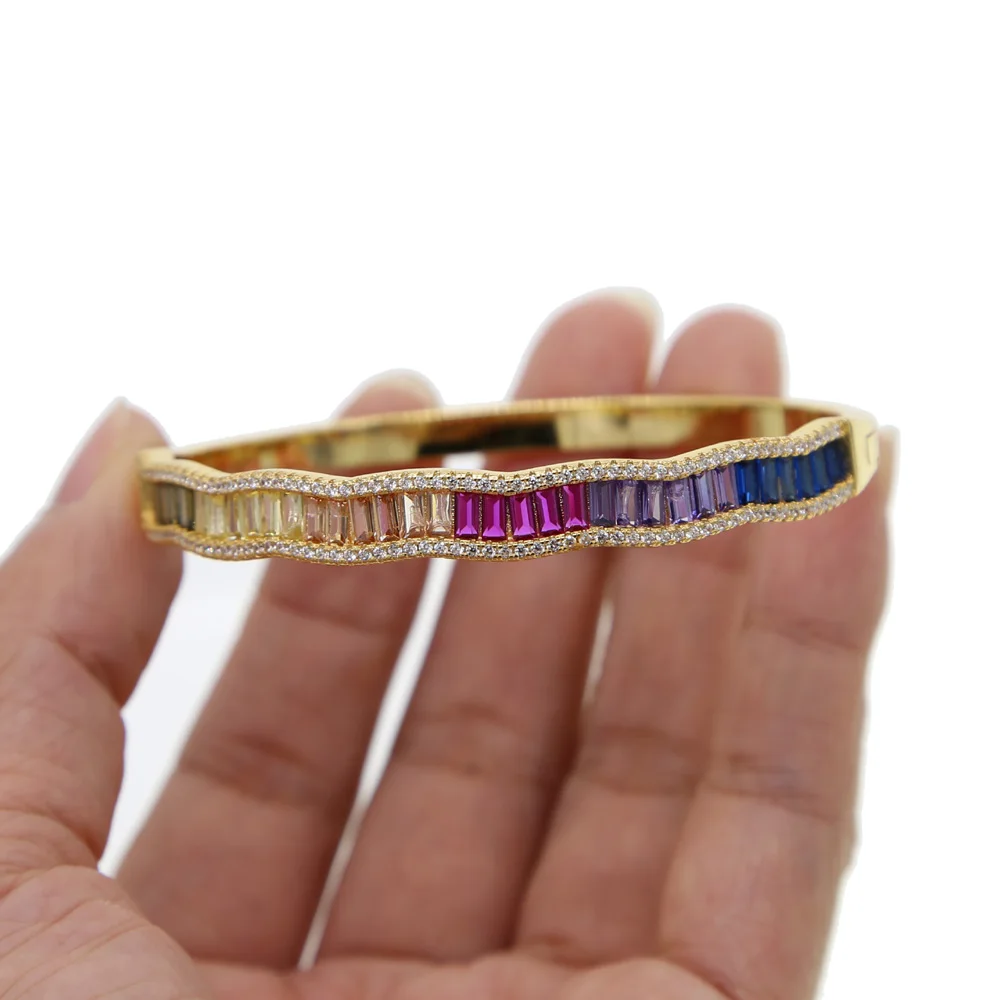 

New Rainbow bangles Irregular deisgn bracelets fashion square rainbow cz rhinestone bar Charm bangles women fancy gifts 56-58mm