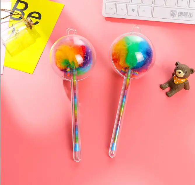 

12pcs/lot 17cm Korea Rainbow Color Lollipop Pompom Gel Black Ink Writing Pens Girls Birthday Festival Party Take-home Favor