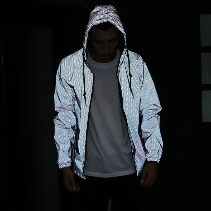 

ABOORUN Men Jacket Casual Hiphop Windbreaker 3M Reflective Jacket Coat Hooded Fluorescent Clothing W2179