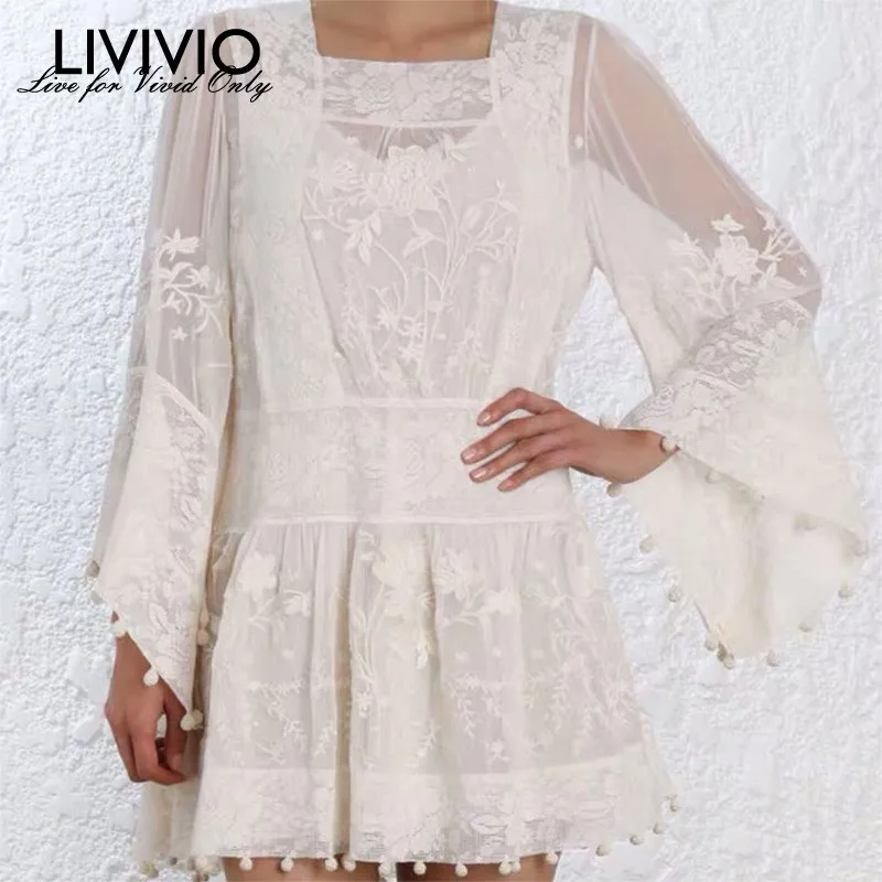 

[LIVIVIO] Boho Fringe Embroidery Sheer Mini Dress Women Square Collar Long Flare Sleeve Dresses Elegant Summer Fashion 2019