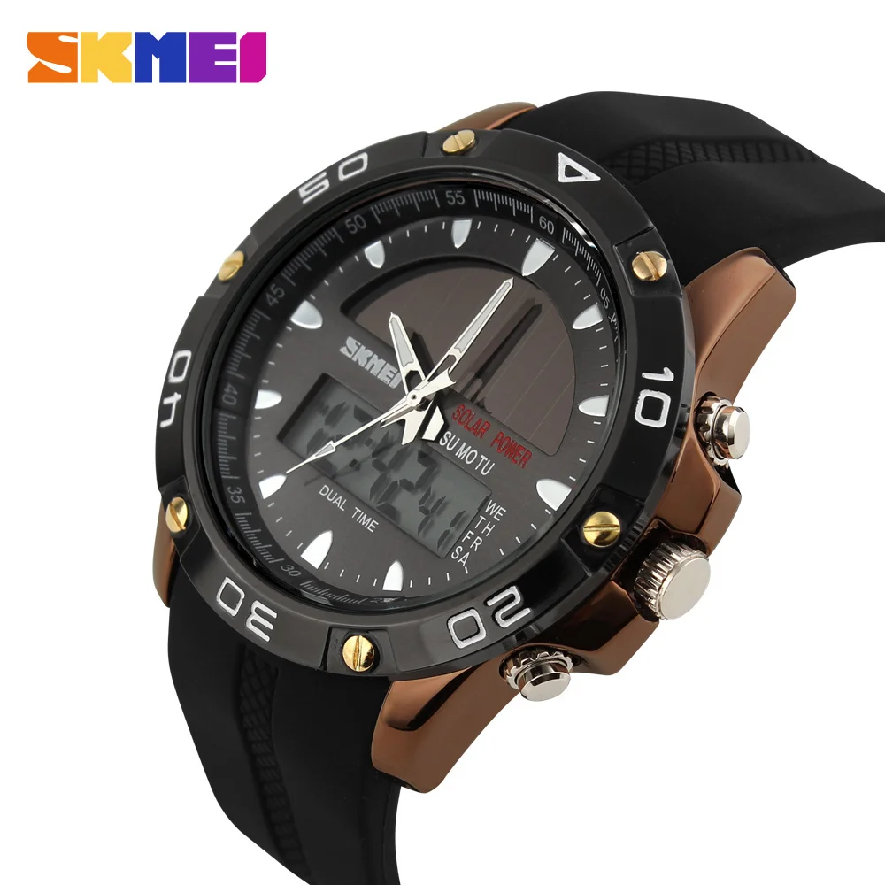 SKMEI для мужчин Солнечный Dual Time дисплей часы хронограф 50 м водостойкие спортивные