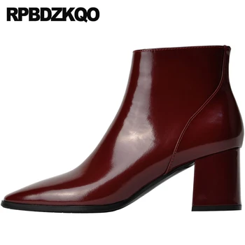 

fur shoes wine red winter ankle chunky genuine leather high heel women side zip boots short 2018 square toe real patent handmade