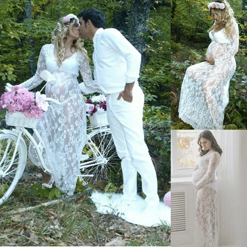 Pregnant Women Long Sleeveless Floral Lace Chiffon Lace-up Maternity Dress for Photo Shoot Photography Streetwear Black White