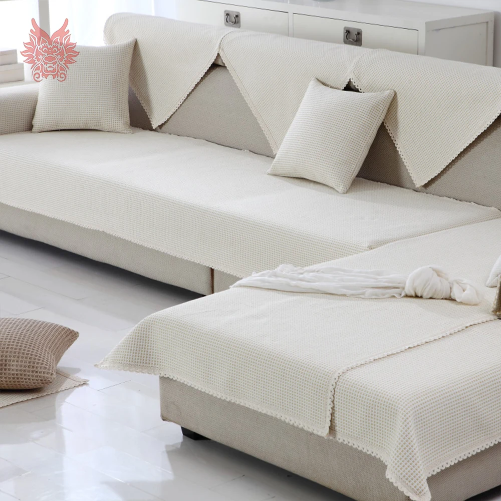 Buy Grey coffee plaid weaving cotton linen sofa cover