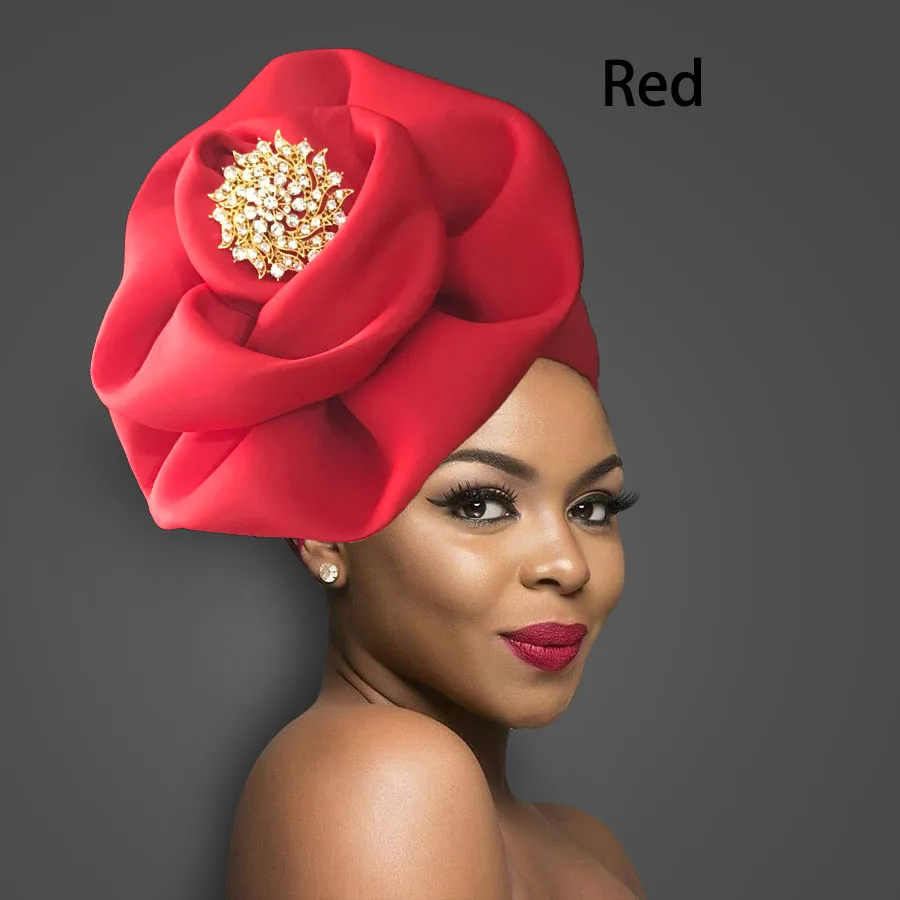 Твердый Африканский тюрбан большой цветочный дизайн головной убор для модных женщин головной убор со значком - Цвет: red
